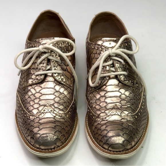 Cole Haan Lunargrand wingtip shoes metallic gold faux crocodile lace up size 7 - Picture 4 of 11